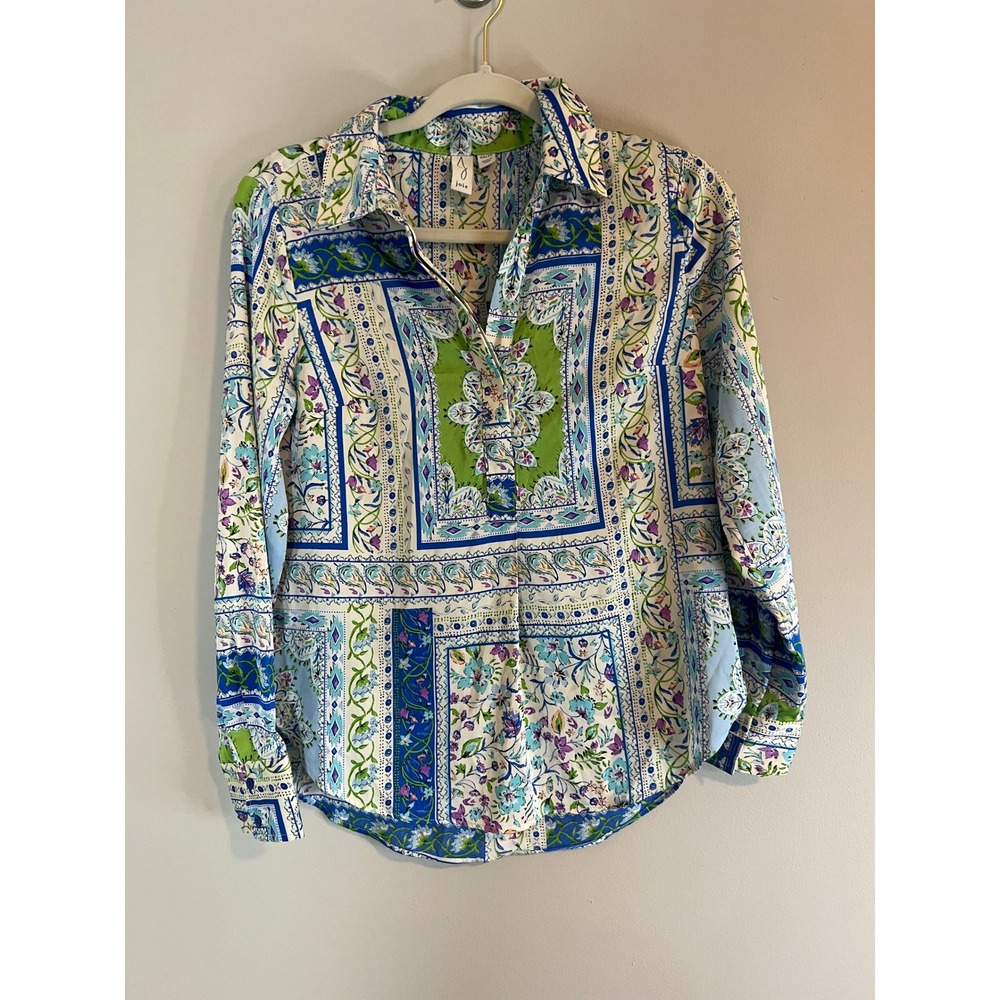 Joie Womens XS Patchwork Paisley Floral Print Long Sleeve Blouse Blue Green